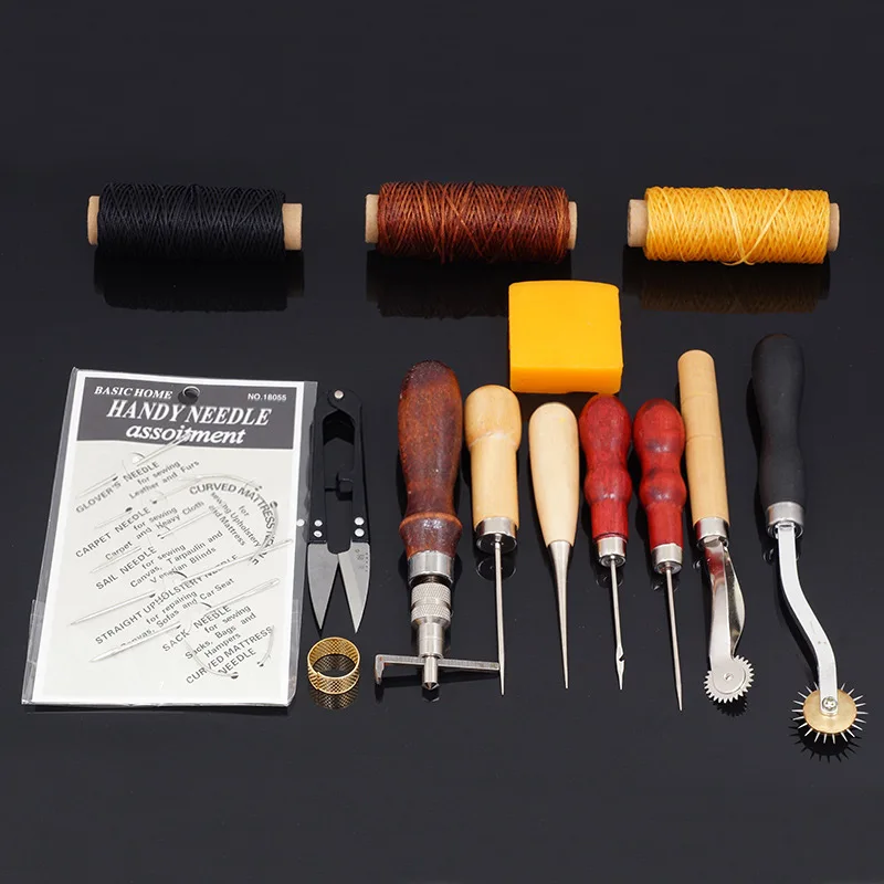 Leather tools kit 5 Несколько кожаных инструментов для рукоделия, ручная швейная строчка, дырокол, резьба по дереву, работа, седло, ножницы, нож для резьбы, вощеная нить, набор - Цвет: Leather tools kit 5