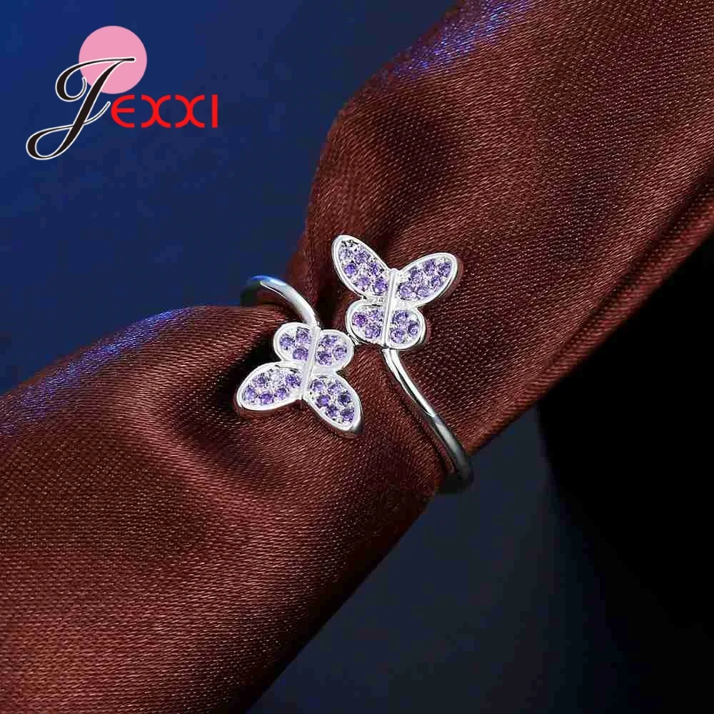 Fashion Opened Ring High Polish Double Cute Love Butterfly Small Purple Cubic Zirconia Crystal 925 Sterling Silver Wedding | Украшения и