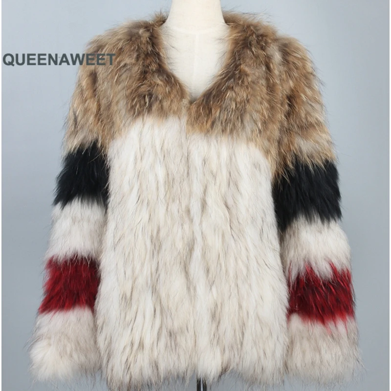 

New Real Fur Knitted Raccoon Fur Coat Three Color Sleeve Raccoon Fur Jacket Overcoat Winter Coat