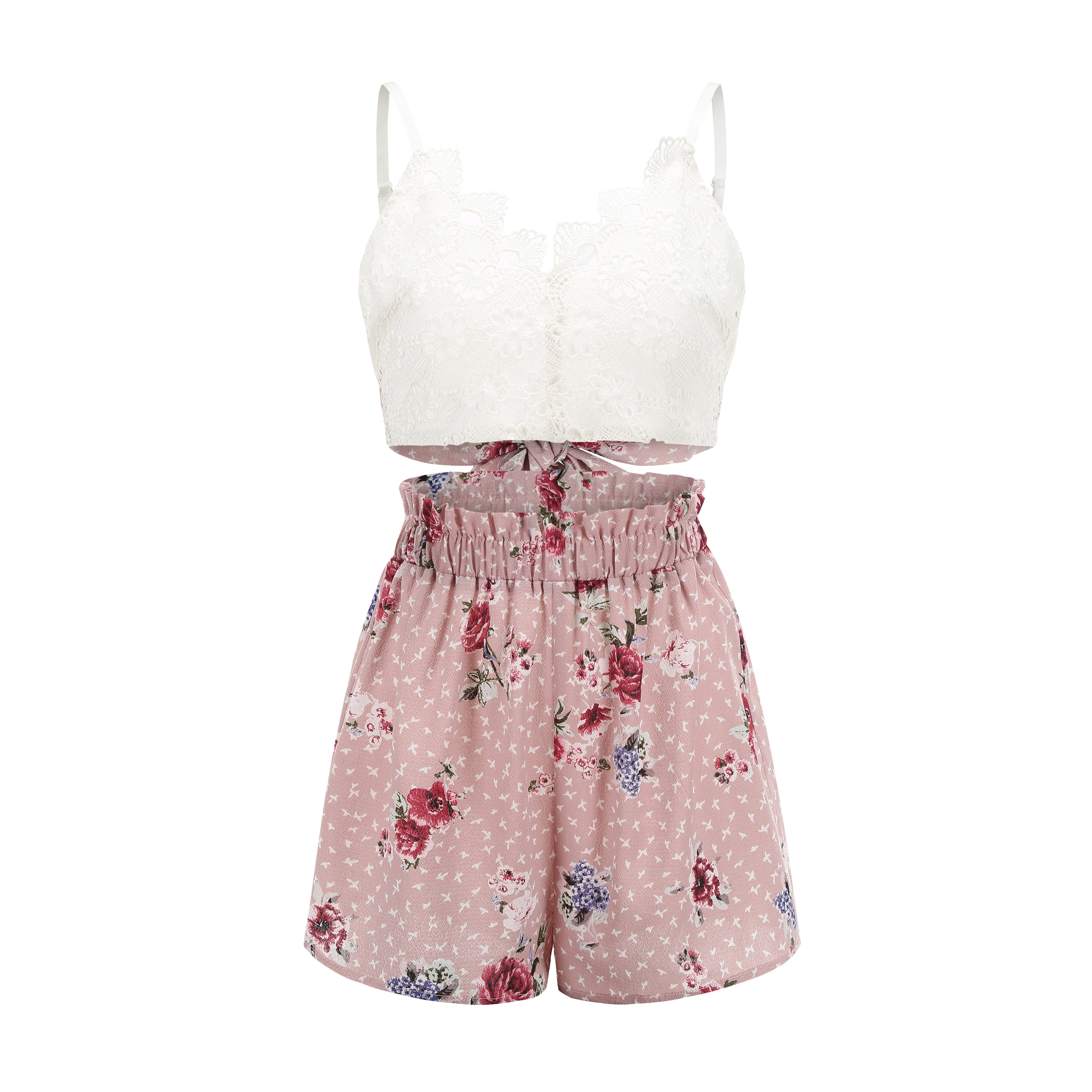 

JYSS women two piece outfits sling white tank top bowknot floral print elastic shorts beach wearing 2 piece set women set hcy068