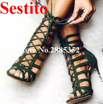 

Sestito Rome Peep Toe Lace Up Hollow Out Gladiator Summer Sandals Thin High Heels Ankle Strap Casual Dress Strappy Shoes Women