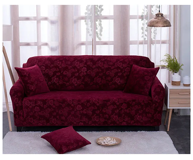 wine red Чехол для дивана с рельефным принтом из плотного бархата и эластичной ткани в европейском стиле, мягкий чехол для дивана для гостиной - Цвет: wine red