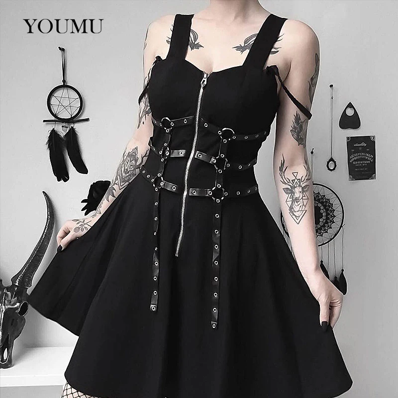 

Women Gothic Metal Rock Punk Wind Dress Square Neck Black Mini Dress Women Summer Metal Rock Punk Wind Darkness Casual 914-A116