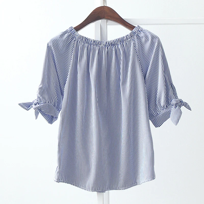 LERFEY Women Summer Blouse Shirt Off Shoulder Tops Female Striped Bow Tie Slash Neck Blouses Sexy Button Shirts Womens Clothing | Женская