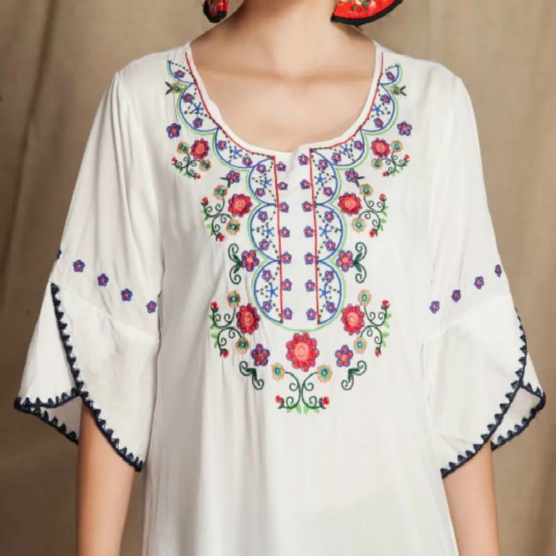 Женская рубашка белая повседневная с вышивкой|Блузки| |