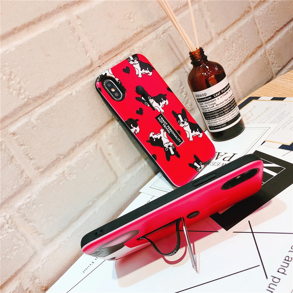 Funny French Bulldog Puppy Cartoon Soft Phone Case For iphone XS MAX XR Red Hide Stand Holder case 6s 6 Xs 7 8 Plus X |