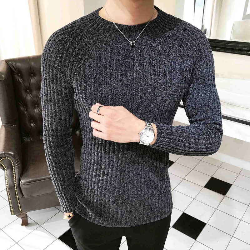Sweater spring and autumn men's slim half-neck solid color sweater British style casual pullover bottoming | Мужская одежда