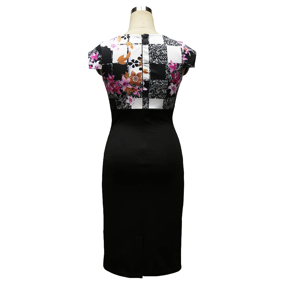 Reaqka Patchwork Womens Office Dress 2018 Vintage Brief Bottom Elegant Print O-Neck Bodycon Women Pencil Work | Женская одежда