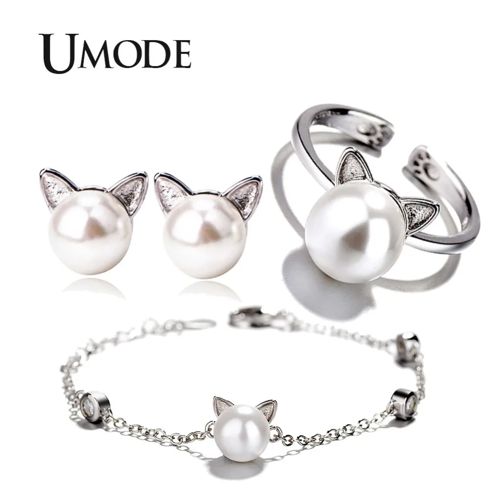 Женский комплект украшений UMODE серьги гвоздики с кошечками и жемчугом