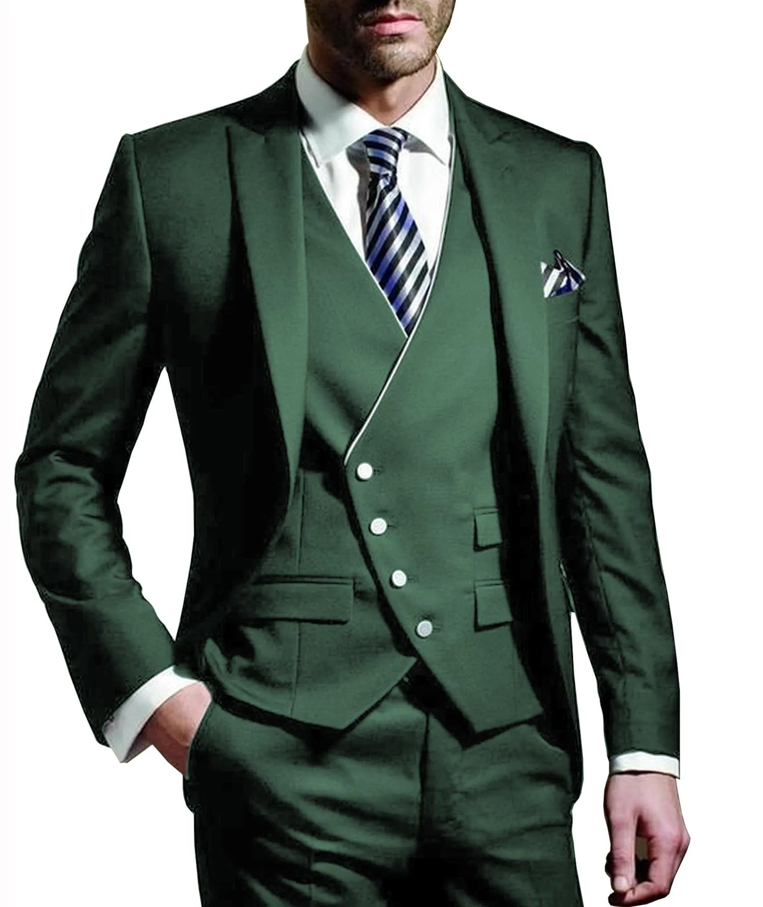hunt green Мужские костюмы из 3 предметов, белый пиджак для жениха на одной пуговице, деловые костюмы, смокинг(Блейзер+ жилет+ брюки - Цвет: hunt green