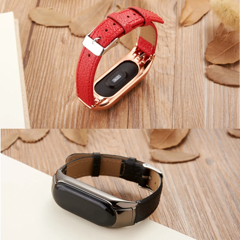 Кожаный ремешок для Xiaomi Mi Band 3 с рамкой из нержавеющей стали браслет Смарт часы
