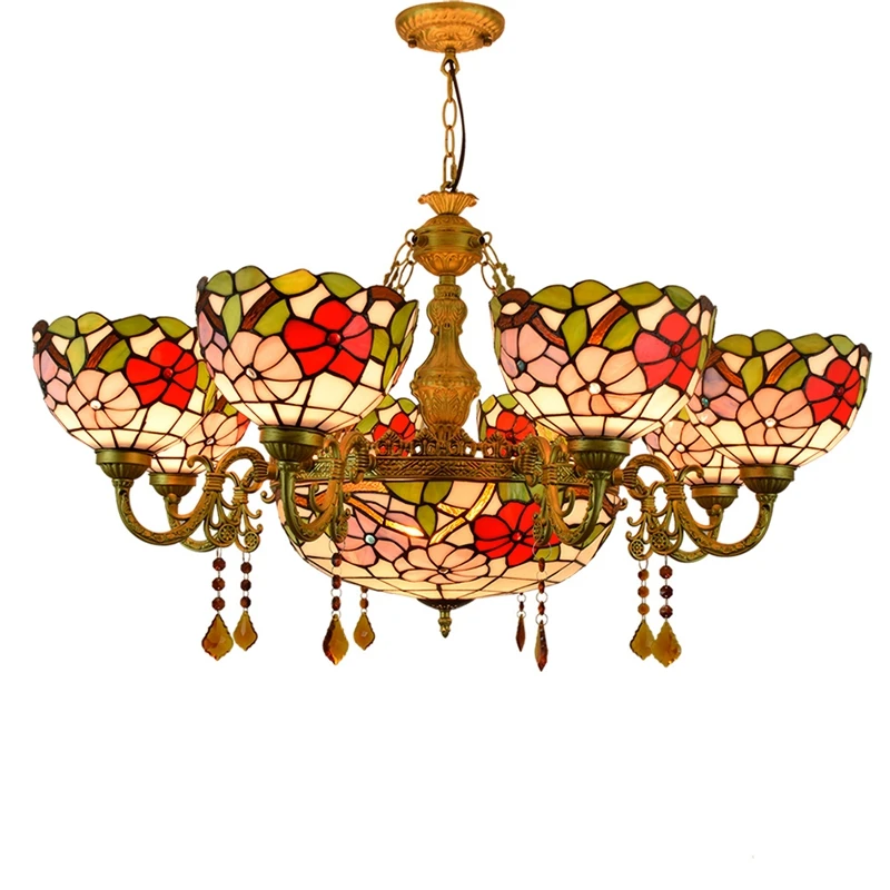 

European style retro bar 68 heads Living room dining room bedroom Crystal Chandelier Stained glass Pendant lamps Red festive