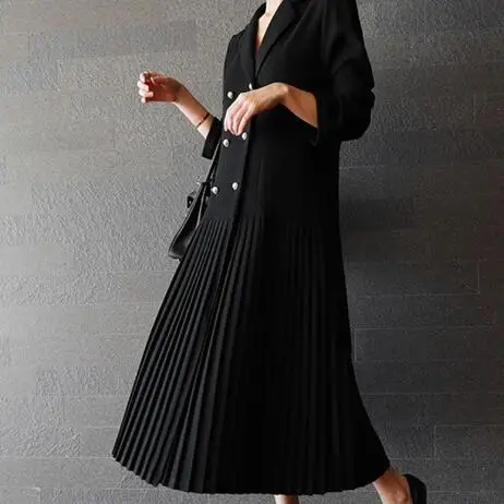 Новинка 2019 женское платье с длинным рукавом и плиссированным подолом двубортное