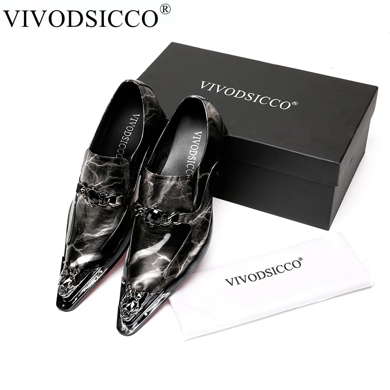 

VIVODSICCO Men Dress Shoes Shadow Genuine leather Luxury Fashion Groom Wedding Shoes Men Oxford shoes Metal toes slip-on Shoes