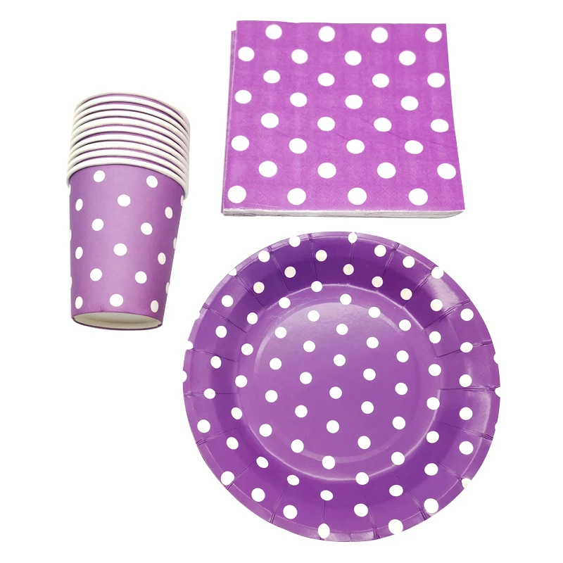 

60PCS Happy Birthday Wedding Party Purple Polka Dots Design Tableware Set Dishes Plates Decorate Cups Glass Baby Shower Napkins