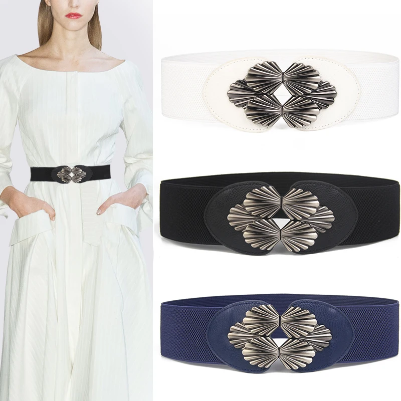 Cinturón de corsé de moda para mujer, cintura elástica con hebilla de Metal negra, cincha ancha, faja blanca, vestido de cuero de imitación