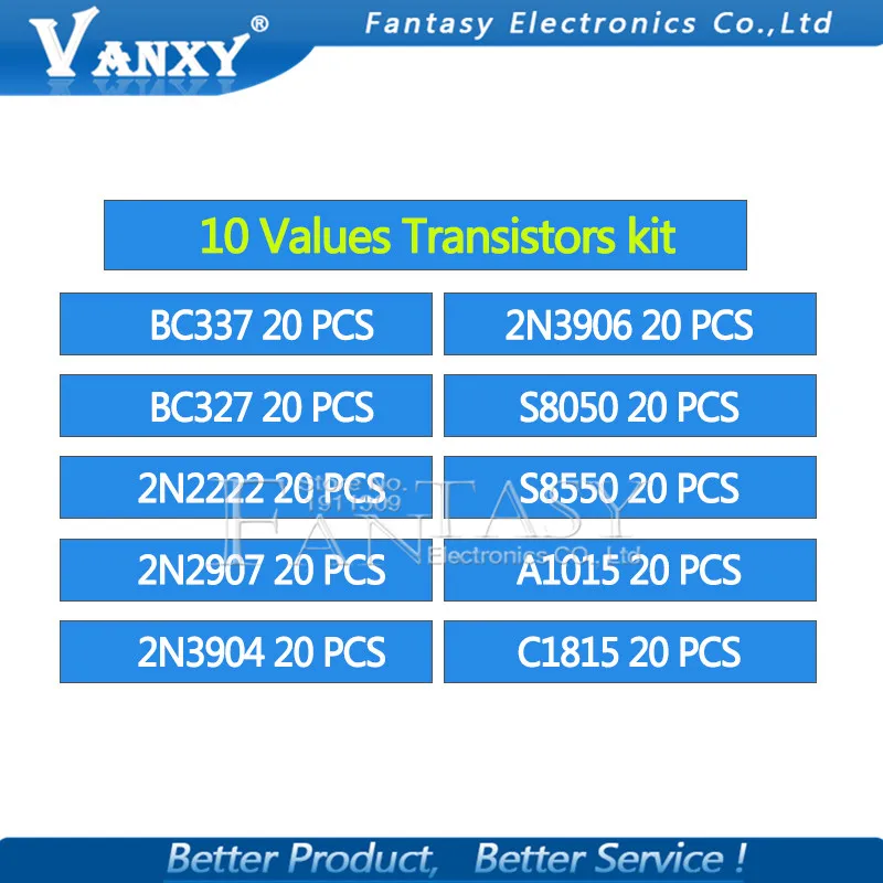 10 стоимость 200 шт. BC337 BC327 2N2222 2N2907 2N3904 2N3906 S8050 S8550 A1015 C1815 транзисторный набор коробка транзисторов пакет