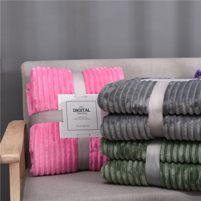 Beddowell Soft Fluffy Striped Flannel Blankets For Beds Solid Coral Fleece Throw Winter Bed Linen Sofa Cover Bedspread Blankets