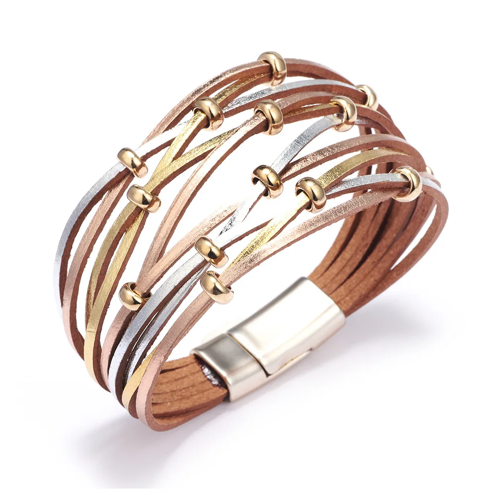 Женский кожаный браслет с геометрическим узором многослойный ювелирное изделие