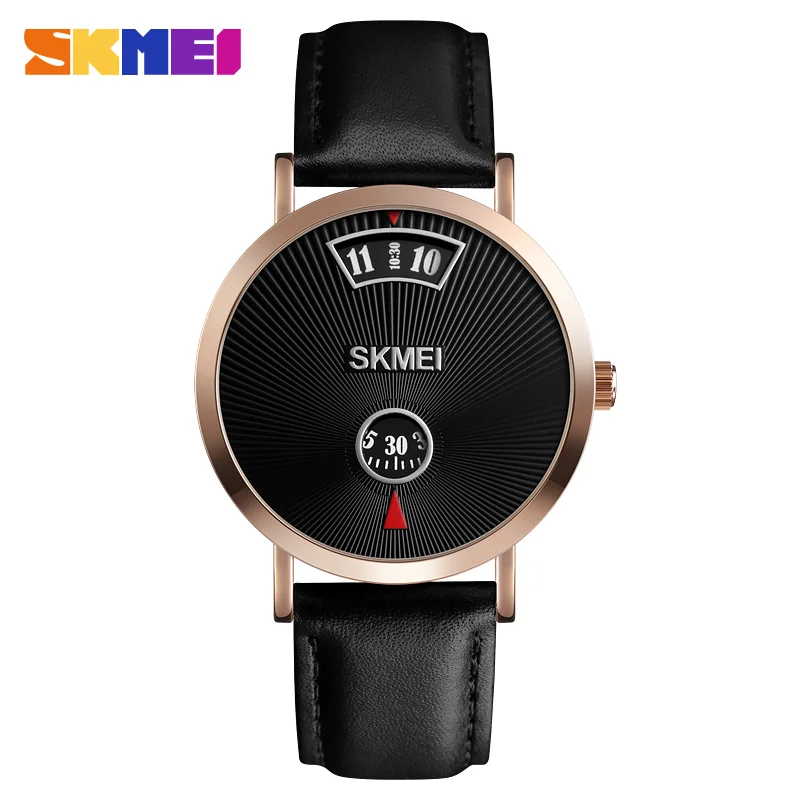 rose gold leather SKMEI модные простые мужские часы водонепроницаемые с сетчатым ремешком полностью стальные/кожаные часы Мужские кварцевые спортивные часы Relogio Masculino - Цвет: rose gold leather