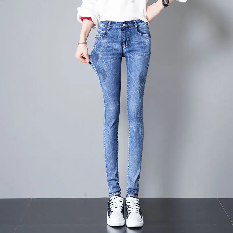 Джинсы для женщин с высокой талией размера плюс узкие Цвет серый черный голубой в