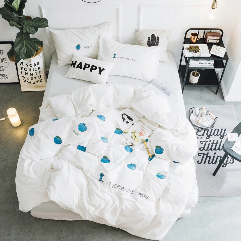 

Twin Queen King size 100% Cotton Blue Apple Embroidery White Bedding Set for Girls Duvet Cover Bed/Fit sheet set Pillowcases40