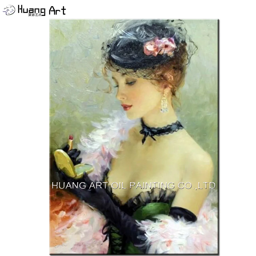 

Hand-painted High Quality Impression Figure Oil Painting on Canvas Beautiful European Lady Apply Lipstick Painting for Room Art