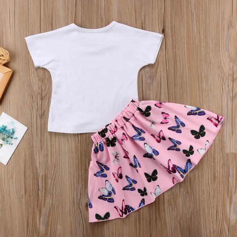 2pcs/set Toddler Baby Girls Butterfly Printed Outfits Clothes Summer Matching Top O-neck T-shirt +Skirts Outfit Set | Детская одежда и