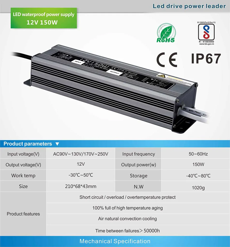 IP67 AC 100 V 250 к DC 12Vdc 12.5A 24V 6.25A 150w трансформатор освещения 3 года гарантии CE Rohs EMC