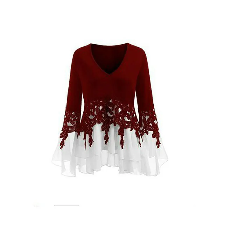 Женская Туника большого размера кружевная блузка с рукавами фонариками и