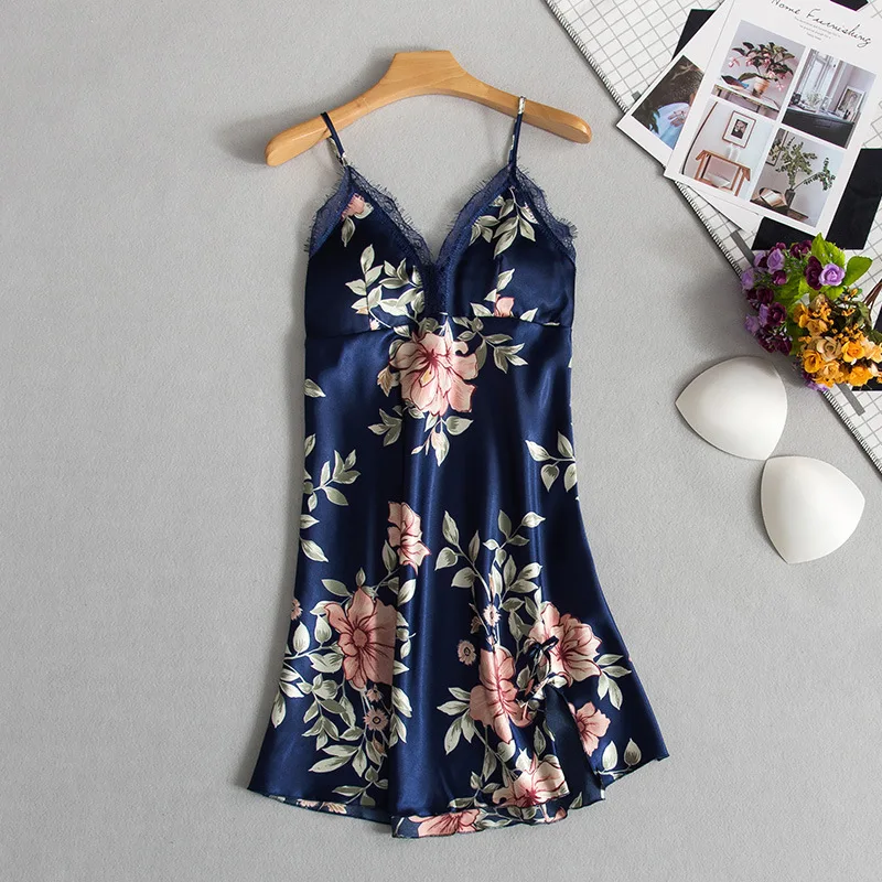 Navy Dress Женское сексуальное Летнее шелковое белье Pijiama, атласная Осенняя Пижама на тонких бретелях, платье, Корейская пижама из пяти частей, розовая пижама - Цвет: Navy Dress