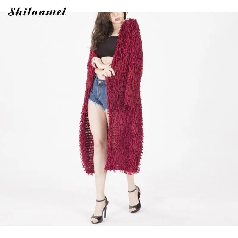 Длинный женский Кардиган Зимний вязаный винно-Красный Уличная 2019 осенний
