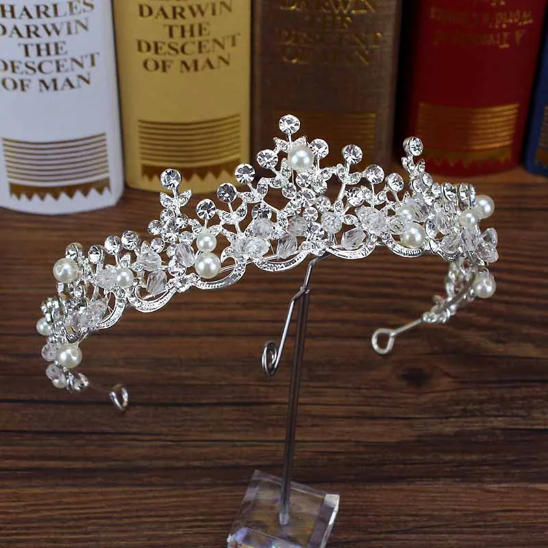 pearl crown Роскошные Свадебные короны в стиле барокко с кристаллами и бусинами, ручная работа, жемчужная тиара, ободки, стразы, диадема, королевские свадебные аксессуары для волос - Окраска металла: pearl crown