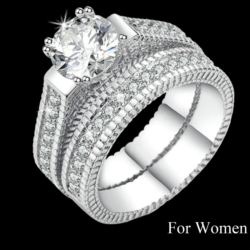 Womens Ring Women Silver Color Luxury 2 Rounds Cubic Zirconia Fashion Wedding Rings Sets, Men CZ 316L Stainless Steel Ring Couple Gifts - Цвет основного камня: Womens Ring