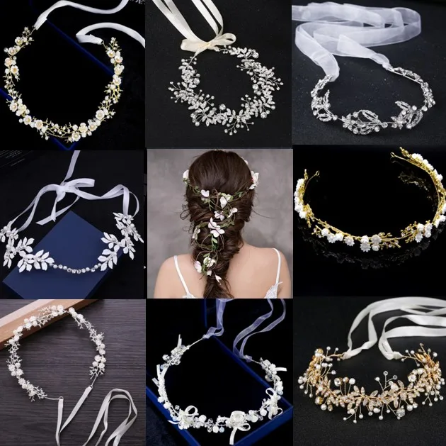 Gold White Flower Floral Crystal Pearl headband hair band Wedding Jewelry Headdress For Bride Handmade Hair Accessories | Украшения и