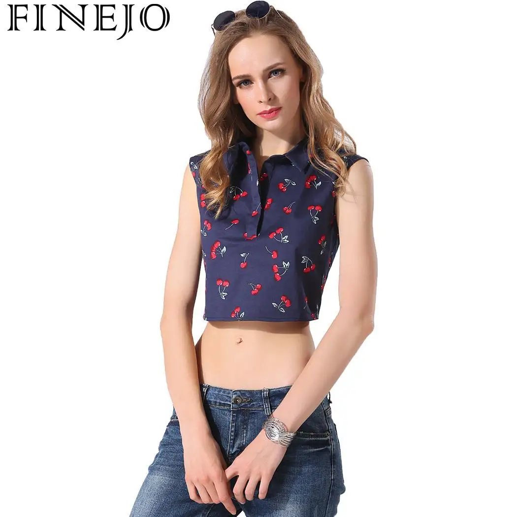 FINEJO Sleeveless Shirts Print Blouse Top Fashion Ladies Crop Women |