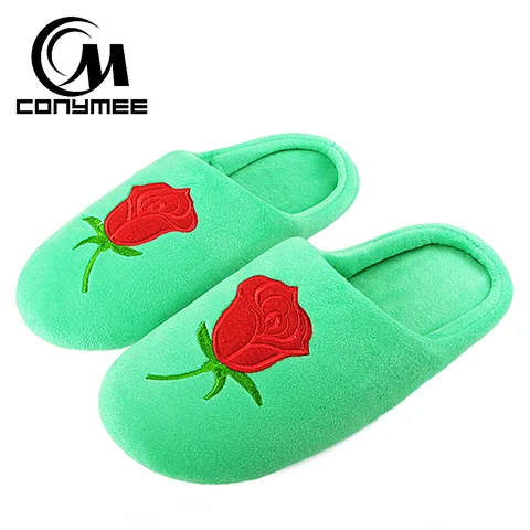 QWW-MG Green 1 CONYMEE/мягкий коралловый бархат Главная тапочки для женщин зимняя теплая Домашняя обувь на плоской подошве милые вышитые цветы Pantufa хлопковые тапочки - Цвет: QWW-MG Green 1