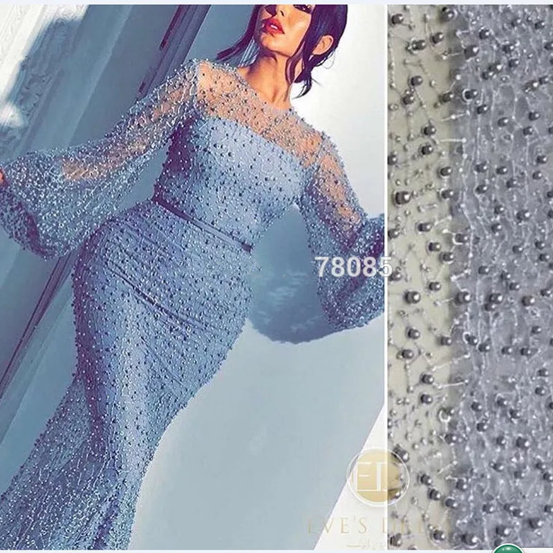 

Sky Blue Muslim Evening Dresses Mermaid Long Sleeves Lace Perals Islamic Dubai Kaftan Saudi Arabic Long Evening Gown