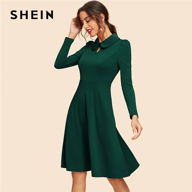 SHEIN Платье Клеш С Длинными Рукавами Офисное Платье с Высокой Талией Элегантные Однотонные Платья