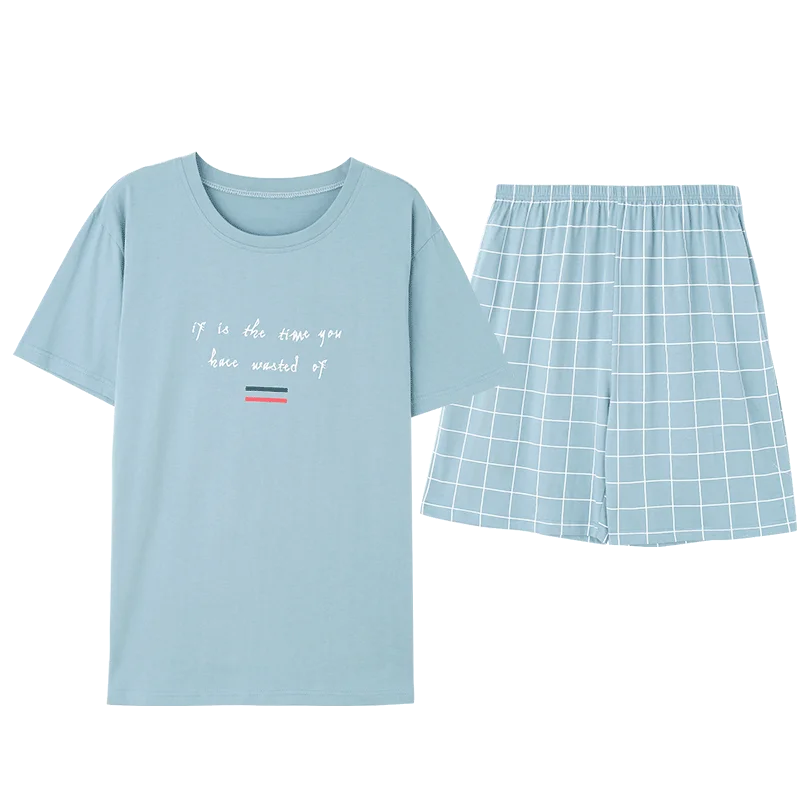 S2003 Mens Pajama Set Cotton Home Clothing Leisure Sleeping Suit Men Summer Shorts Pyjama Set Cotton Men Two Pieces Nightwear Men - Color: S2003