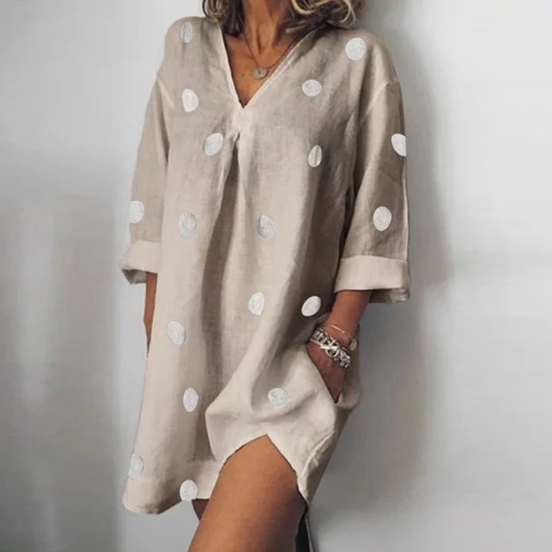 Women Irregular Linen Cotton Summer Dress 2020 Half Sleeve Mini Casual Dot Print V Neck Shirt 5XL | Женская одежда