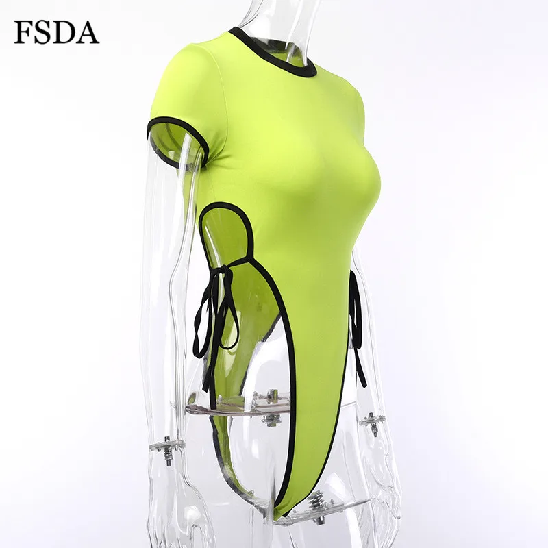 FSDA Neon Summer Bodysuit Sexy Beach Lace Up Hollow Out Short Sleeve Women Bodysuits