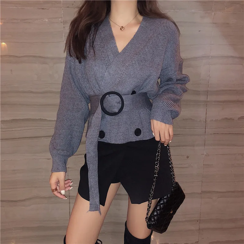 Elegant Sashes Slim Waist Sweater Cardigan Women V-neck Double Breasted Knitted Open Stitch Casual Jumper Autumn 2018 |