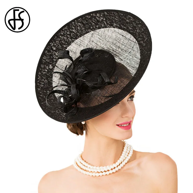 FS Fascinator Wedding Hats For Women Elegant Black Linen Big Wide Brim Cocktail Tea Party Har Vintage Church Dresses Fedora