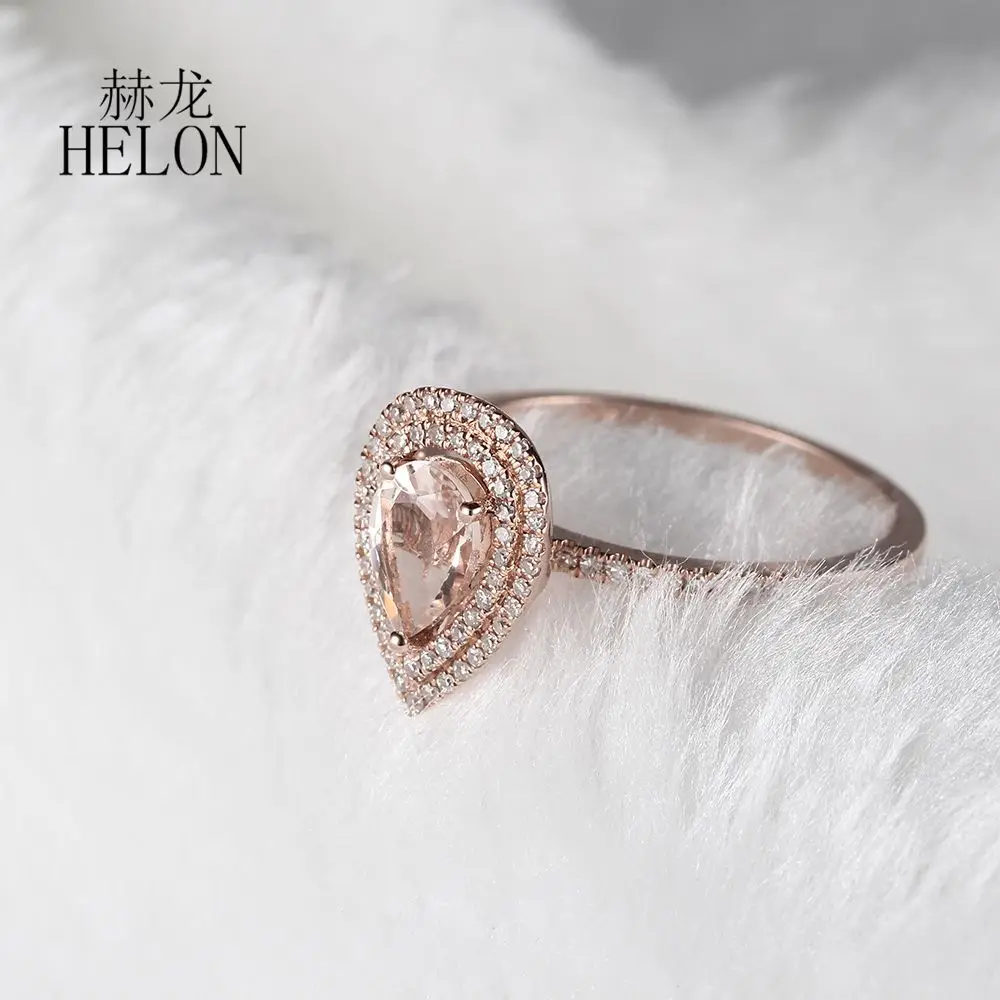 

HELON Solid 14k Rose Gold Two Halos Natural Diamonds Engagement Wedding Ring 5x7mm Pear Morganite Ring Fine Jewelry Women