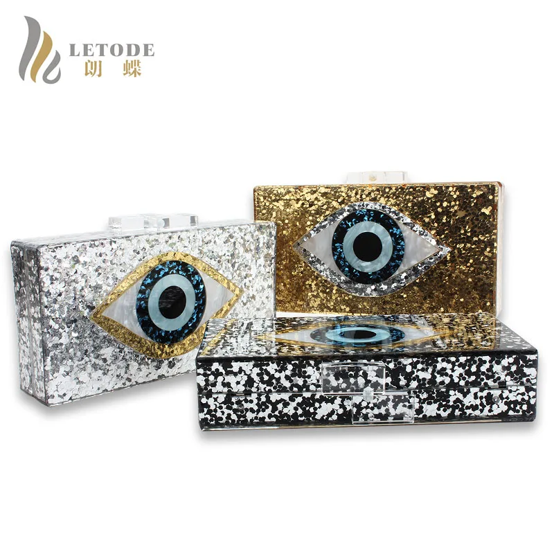 

New Fashion Acrylic Women Evening Bag Ladies Shiny Evil Eye Clutch Bag Elegant Silver Color Handbags Messenger Bag Wedding Party