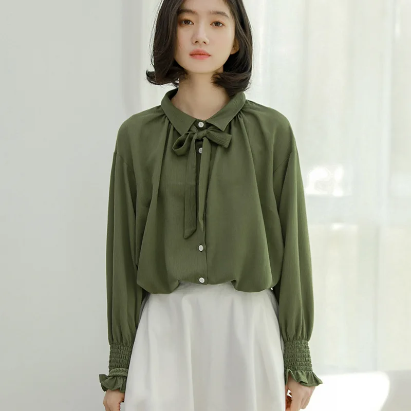 Spring Chiffon Shirt Women Green Lapel Long Sleeve Loose Blouse Girl Female Pure Color Bowknot Temperament Leisure Top H9167