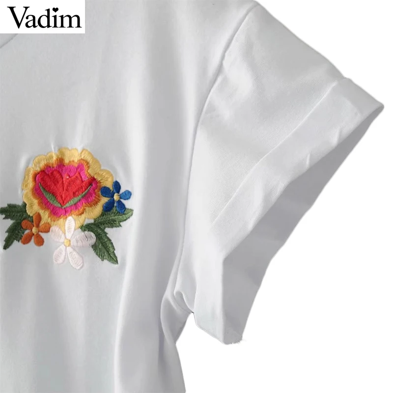 Вадим милый женский цветочный вышивка футболка О образный вырез короткий рукав