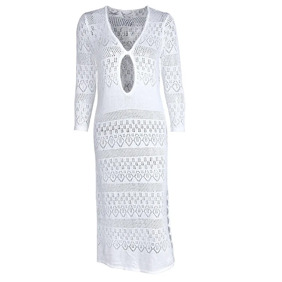 New Sexy Long Beach Dress Women Swimsuit Cover-up Hollow Out Bathing Suit Beachwear Knitting Summer Dresses Casual Bikini Tunic