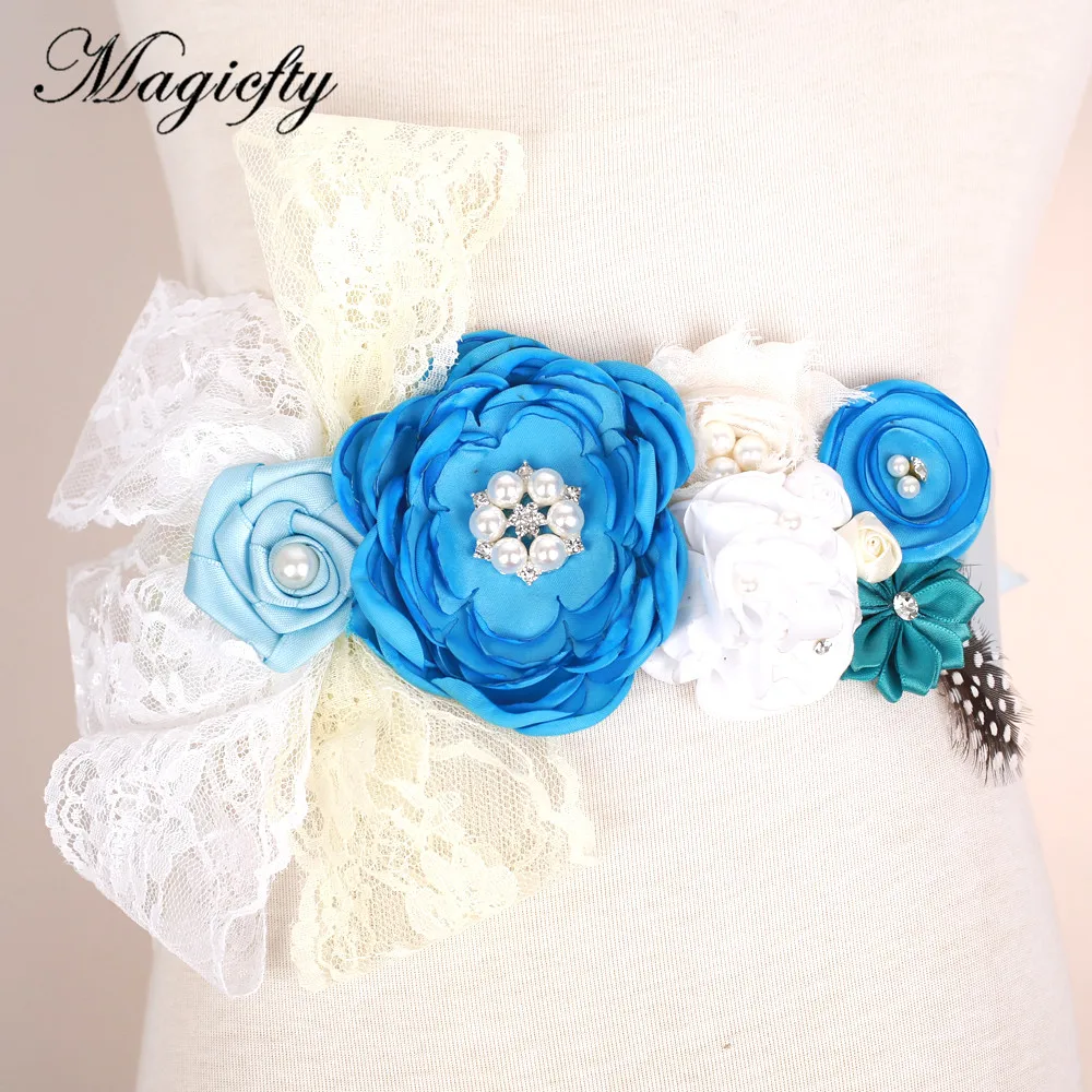 Blue rosette Flower with feather Sash Belt Photo Prop Baby girl birthda lace Flower Belt Bridal Wedding Accessories 120pcs